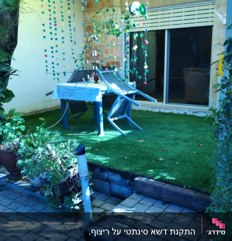 עציצים עם צמחים ירוקים על דשא מלאכותי